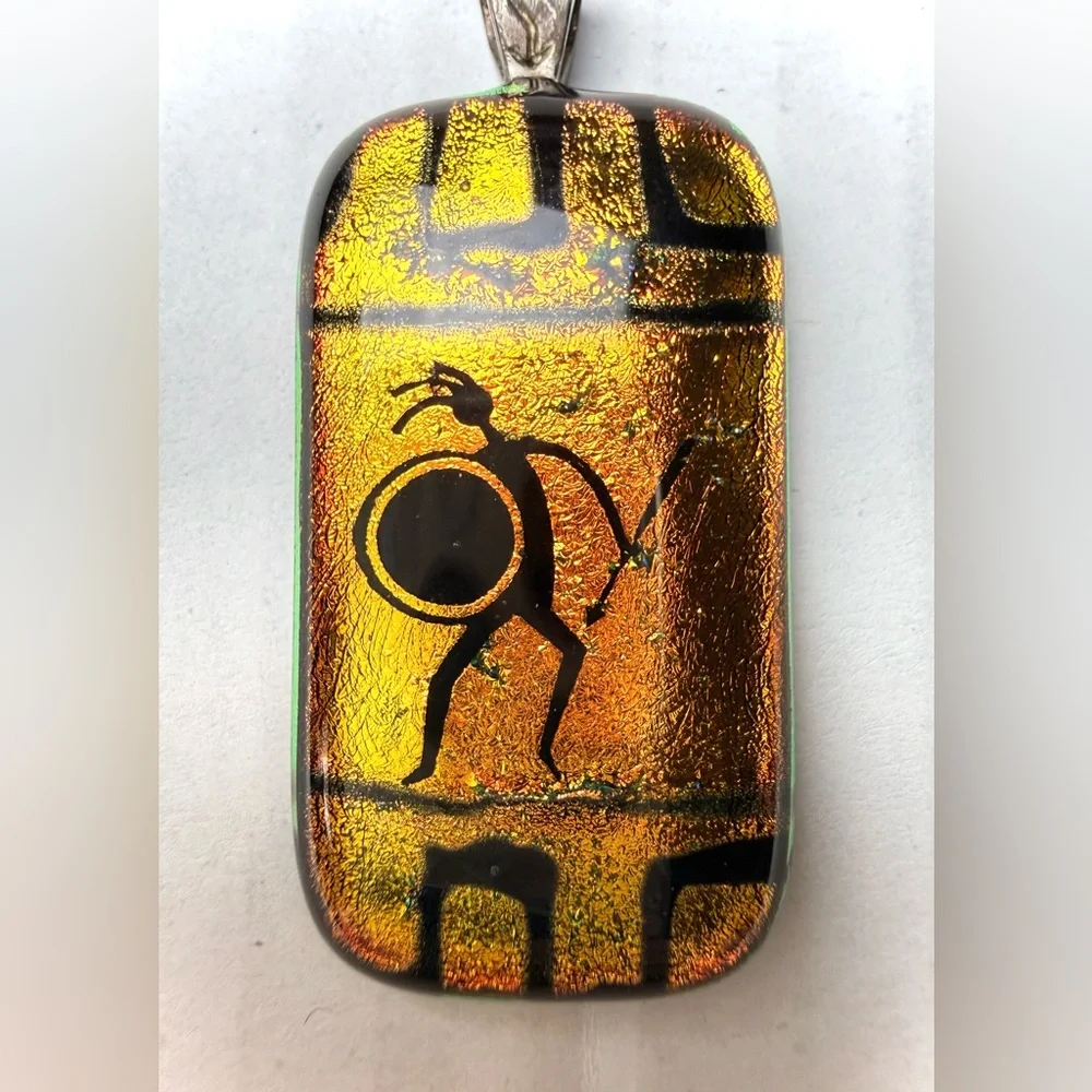Vintage Dichroic Fused Glass Black‎ Warrior Pendant Greek Gold Amber Shimmer